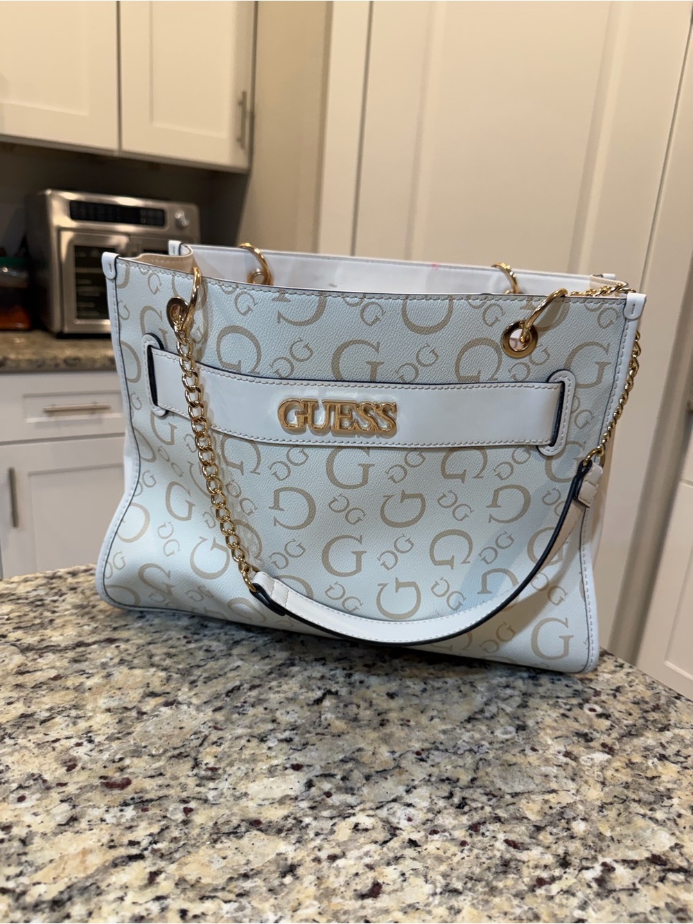 Guess White and Gold Logo Monogram Tote